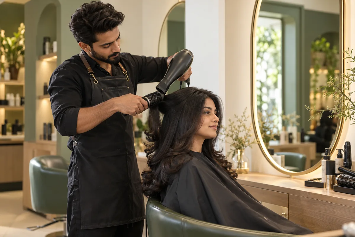 Salon owner consulting with a customer in a premium contemporary salon